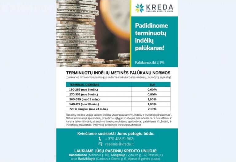 Raseinių kredito unija, kuri veikia ir Radviliškyje, padidino terminuotų indėlių palūkanas