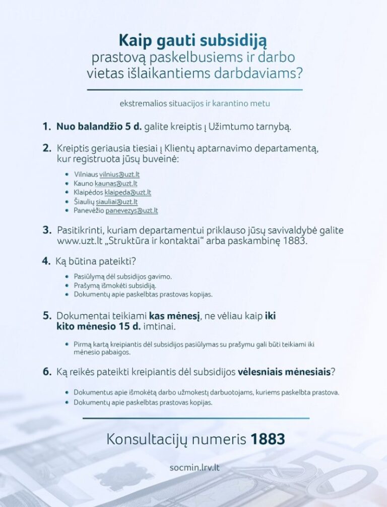 Prastovas paskelbusiems darbdaviams: ką daryti norint gauti subsidiją