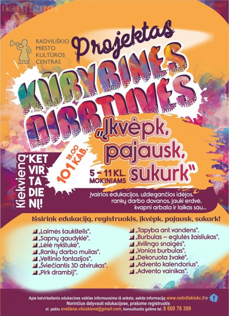 5-11 klasių mokiniai kviečiami registruotis į kūrybines dirbtuves